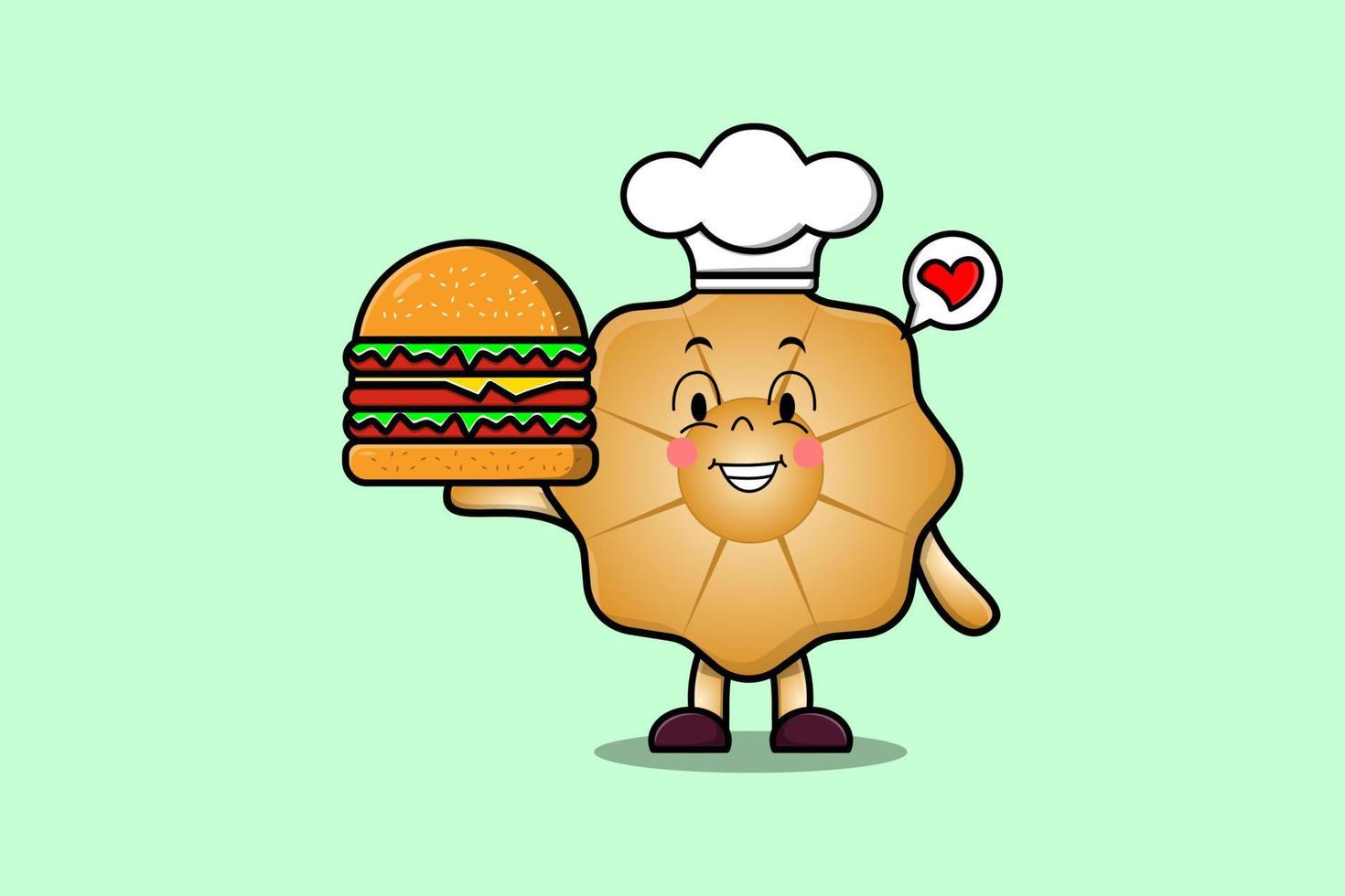 personagem de chef de biscoitos de desenho animado fofo segurando hambúrguer vetor
