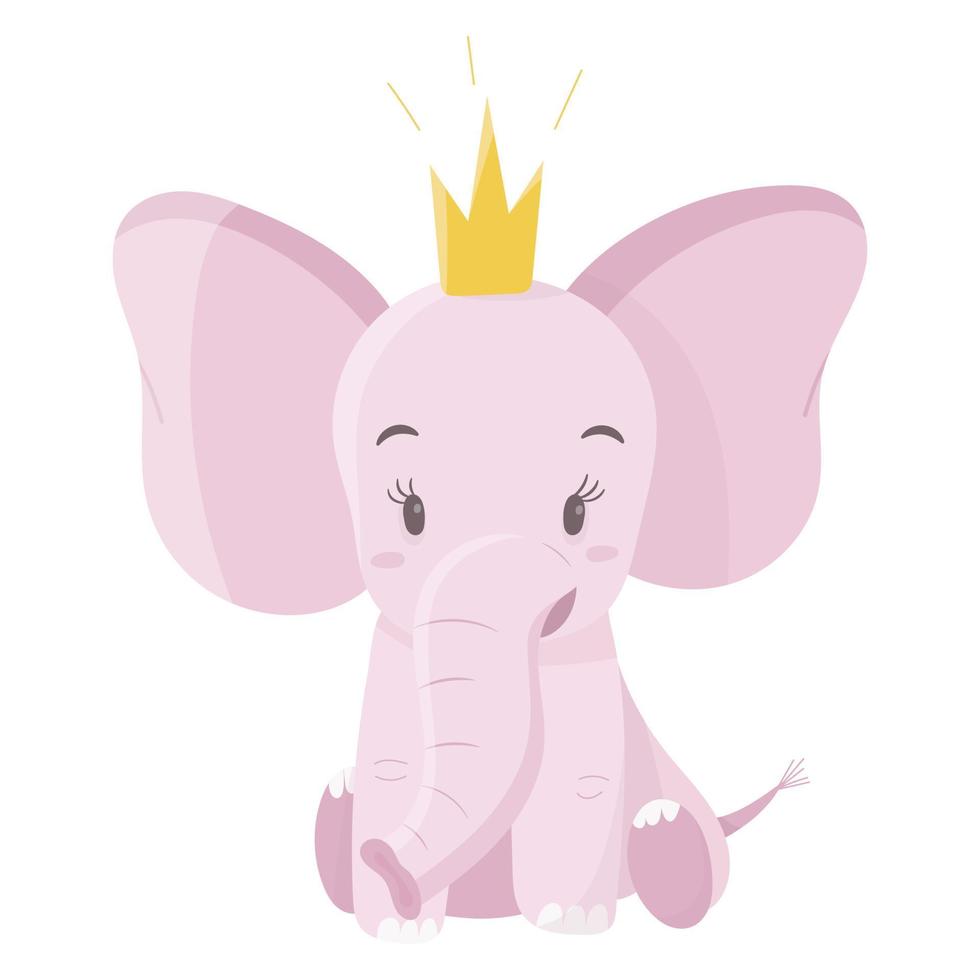 ilustração vetorial isolada no fundo branco. elefante bebê rosa fofo com coroa. animal de desenho animado para decorar itens e planos de fundo para crianças. vetor