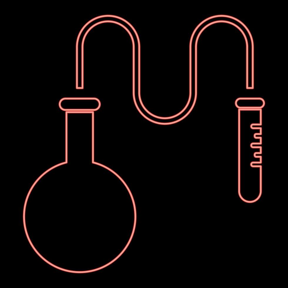 balão de destilação de óleo neon para reagentes químicos com tubo de ensaio usando um tubo fino conceito de reação química cor vermelha ilustração vetorial estilo plano vetor