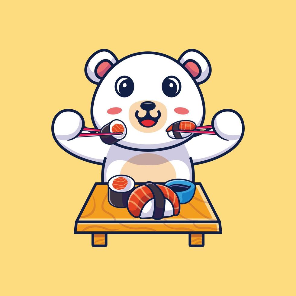 fofo urso polar comendo sushi com ilustração de ícone de desenho animado de pauzinhos vetor