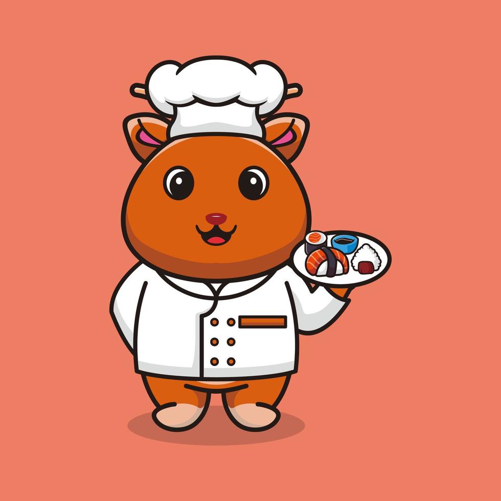 vetor veado chef mascote logotipo dos desenhos animados bonito criativo kawaii. ilustração animal fofa carregando comida de sushi