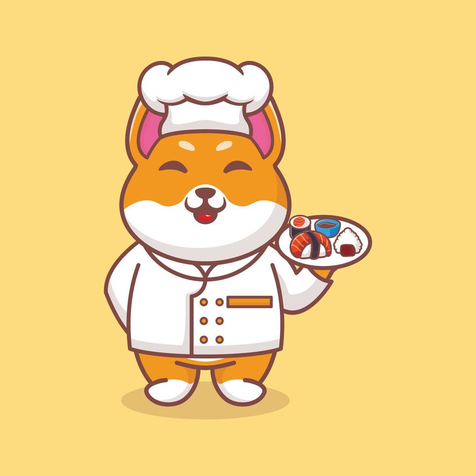 vetor cachorro chef mascote logotipo desenho animado fofo criativo kawaii. ilustração animal fofa carregando comida de sushi