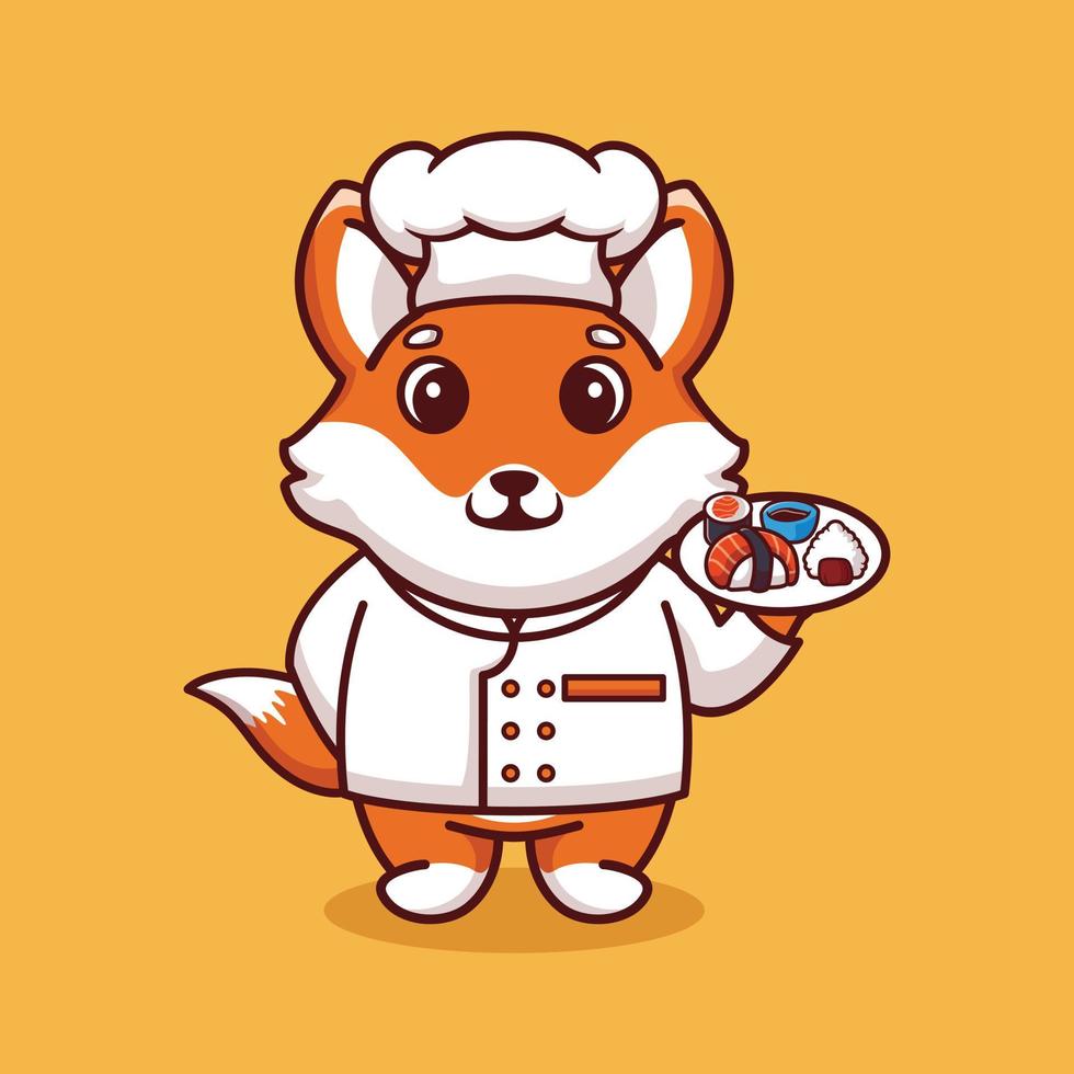 vetor fox chef mascote logo cartoon fofo criativo kawaii. ilustração animal fofa carregando comida de sushi