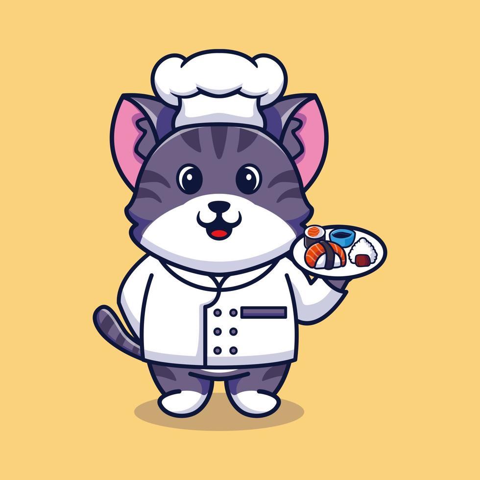 vetor gato chef mascote logotipo desenho animado fofo criativo kawaii. ilustração animal fofa carregando comida de sushi