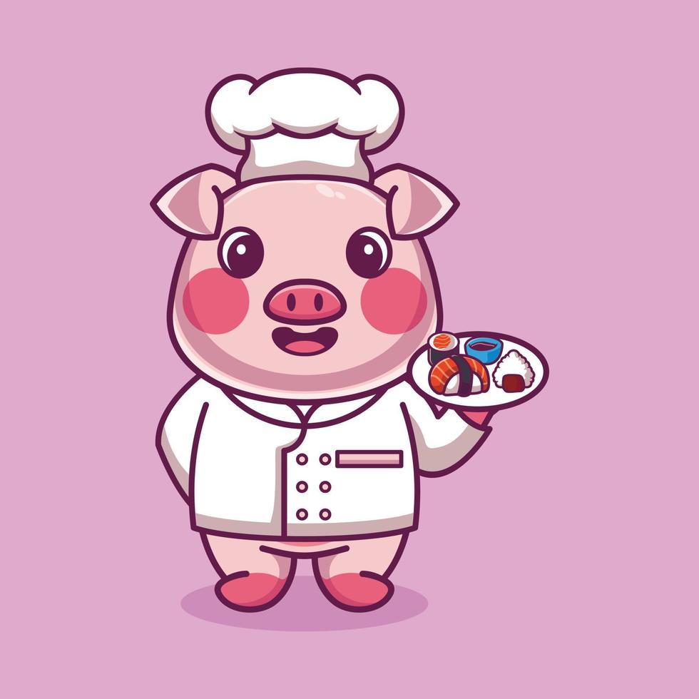vetor porco chef mascote logotipo cartoon fofo criativo kawaii. ilustração animal fofa carregando comida de sushi