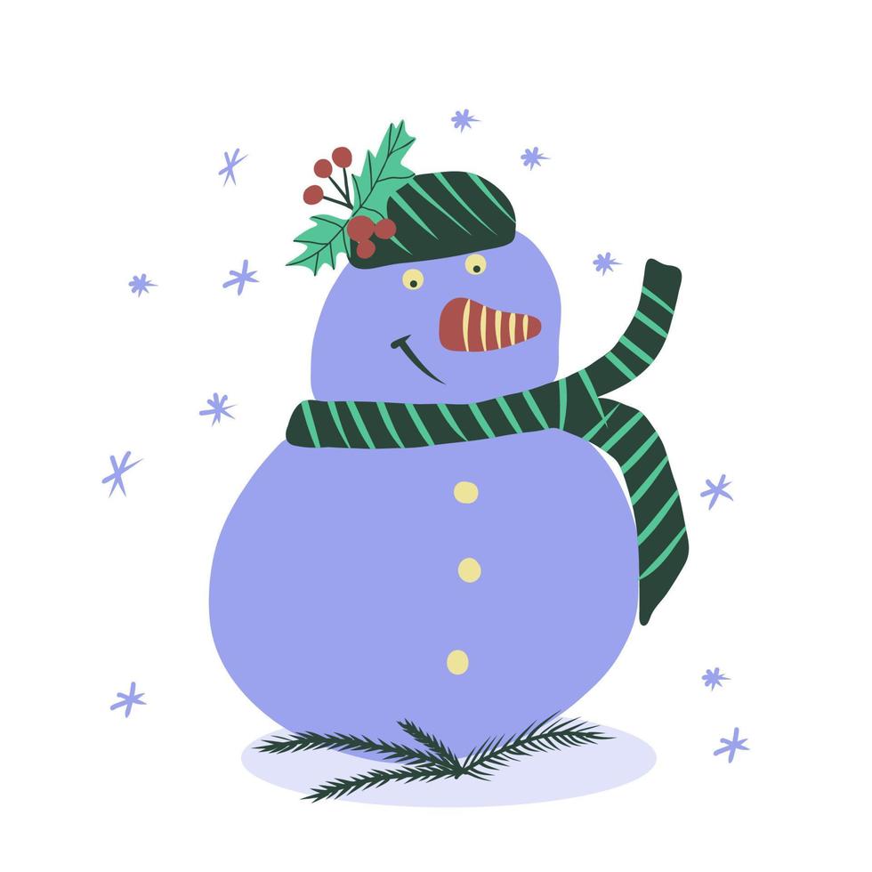 boneco de neve bonito do vetor no chapéu e cachecol. ilustração festiva de inverno.