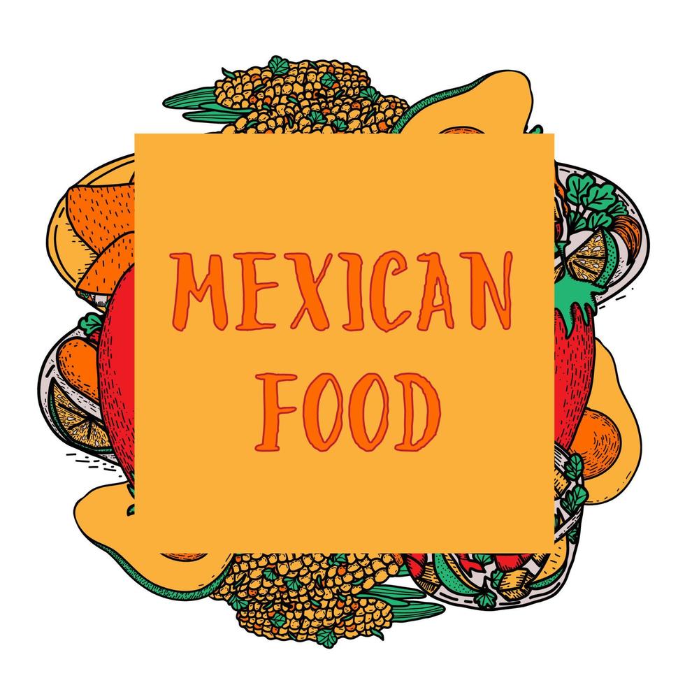 vetor bandeira de comida mexicana. ilustração de comida latino-americana desenhada à mão.