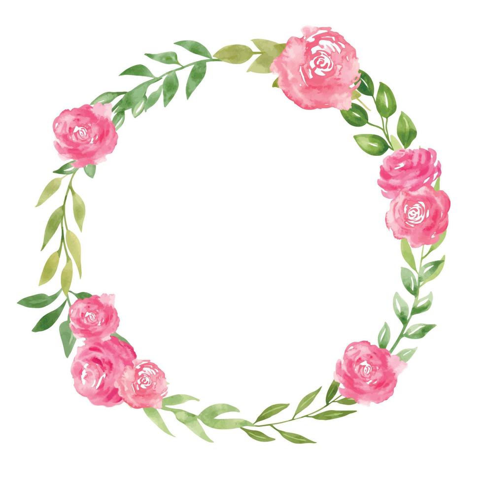 desenho em aquarela de uma coroa de flores de botões de rosa cor de rosa e folhas verdes em fundo isolado. ilustração botânica desenhada à mão de moldura redonda para convites de casamento ou modelos de cartões comemorativos. vetor