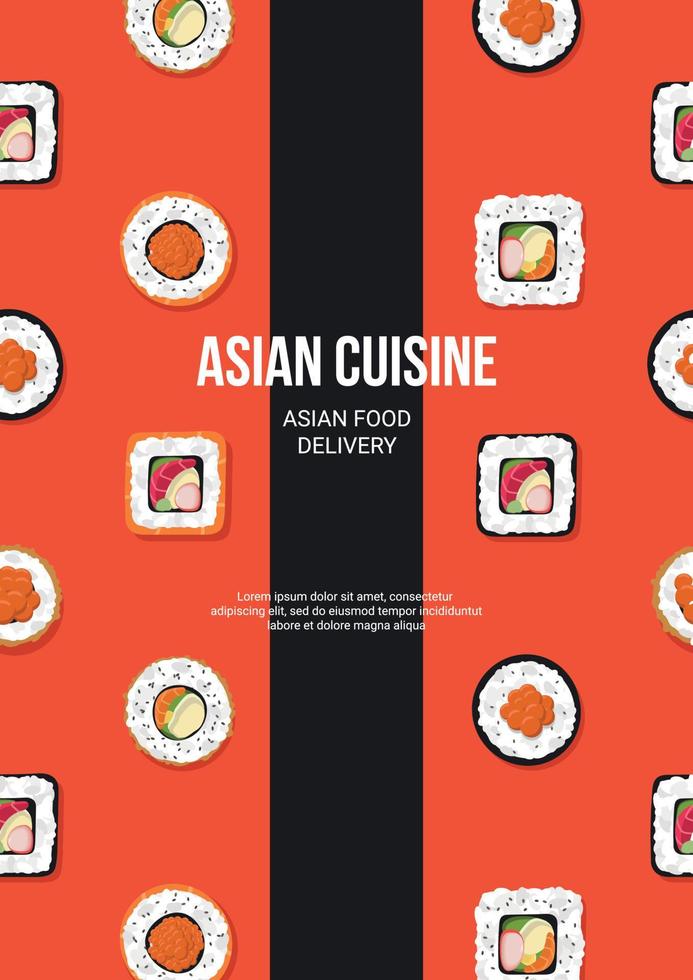 design de folheto com padrão sem emenda com rolos. comida asiática japonesa, menu. ilustração vetorial. banner, promo, publicidade. vetor