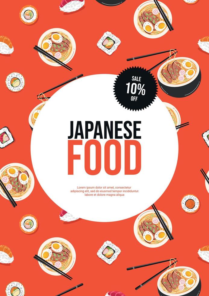 design de folheto, publicidade com um padrão perfeito com comida japonesa, pãezinhos, sushi e sopa de ramen. comida asiática, conceito de almoço de restaurante. ilustração vetorial. vetor