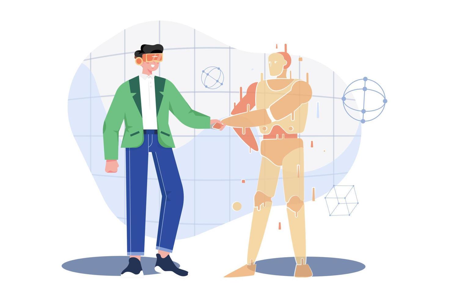 homem de óculos virtuais está apertando a mão com um gráfico de holograma em uma área do ciberespaço vetor