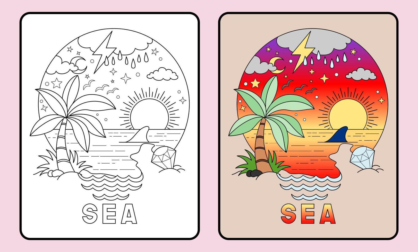 aprender a colorir para crianças e escola primária. pôr do sol sobre o mar vetor