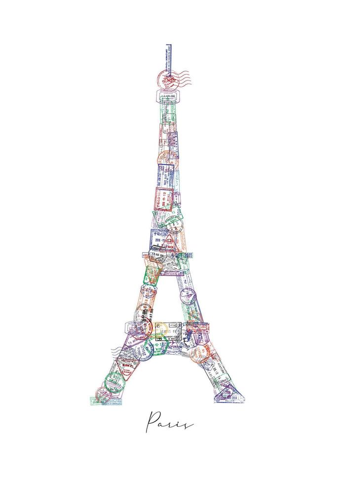 torre eiffel feita de um passaporte carimba diferentes países com letras paris vetor