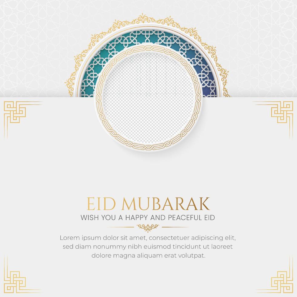 postagem de mídia social islâmica de luxo dourado eid mubarak com padrão de estilo árabe e moldura de foto vetor