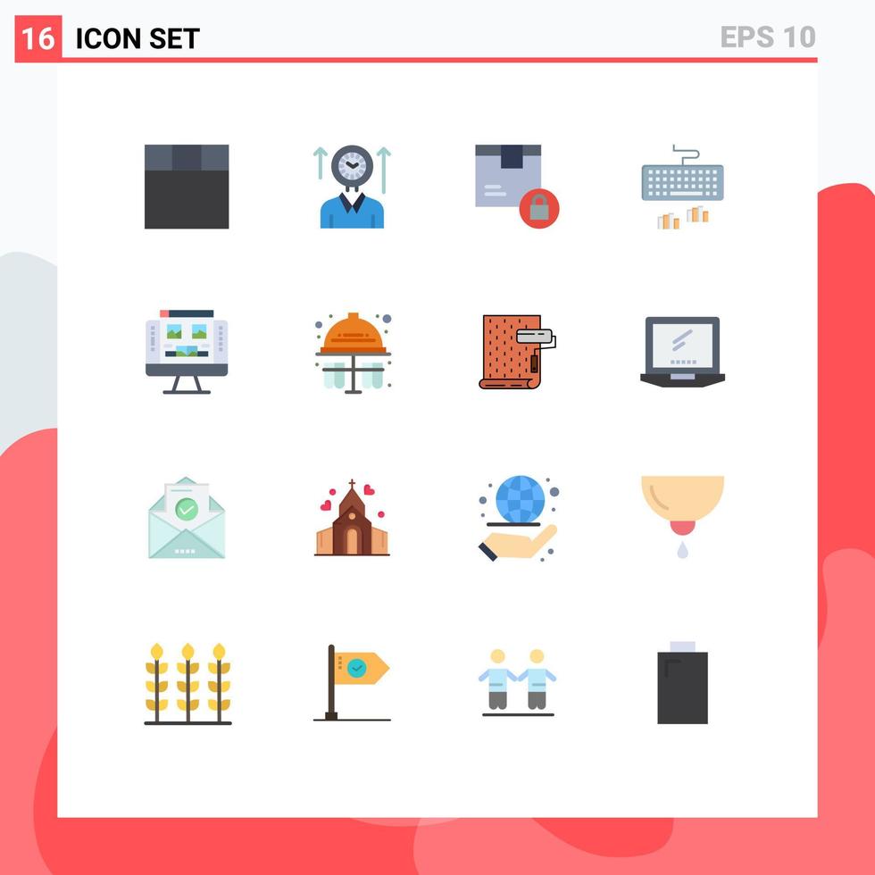 pacote de 16 sinais e símbolos modernos de cores planas para mídia impressa na web, como tipo de entrega de digitação de computador, pacote editável de elementos de design de vetores criativos