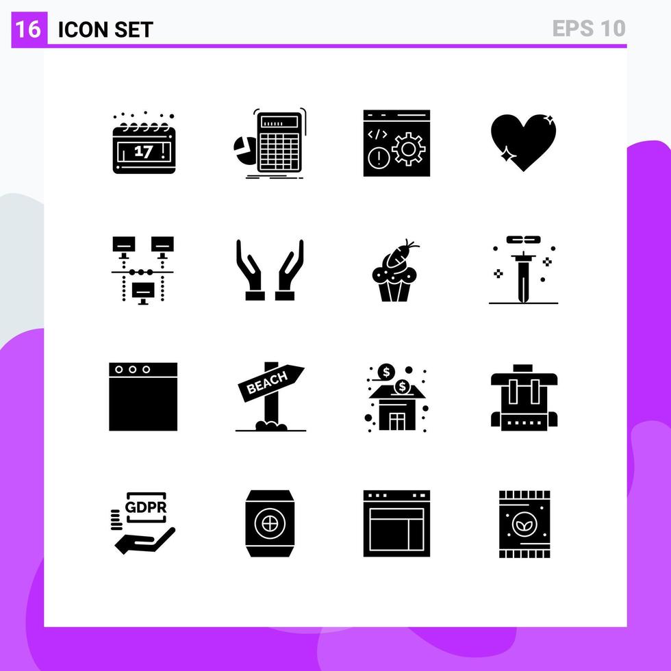 Pacote de glifos sólidos de 16 interfaces de usuário de sinais e símbolos modernos de relatório, como navegador, amor, programação de elementos de design vetorial editáveis vetor