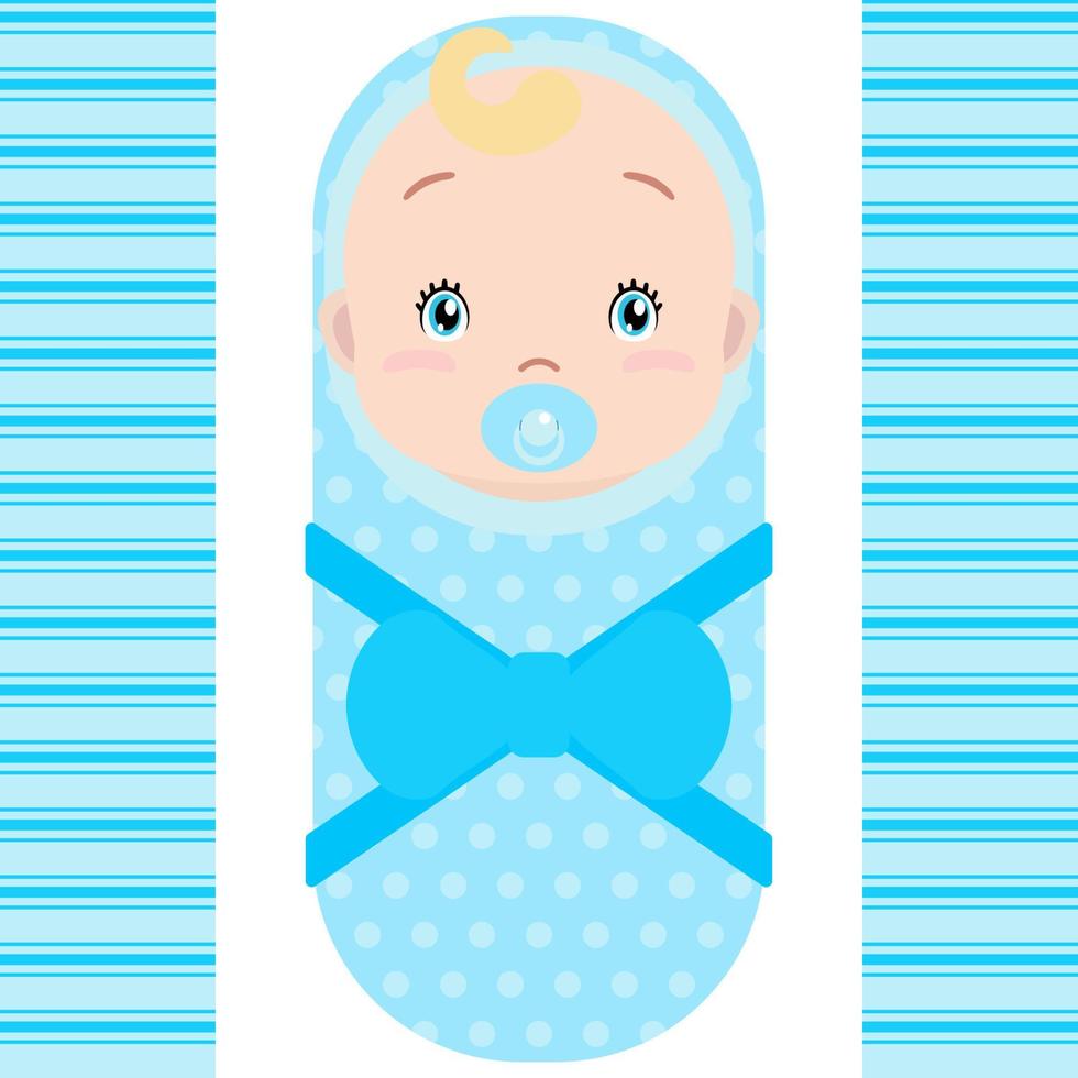 menino caucasiano sorridente com chupeta isolada no fundo branco. mascote de desenho vetorial. ilustração de férias para aniversário, chá de bebê. vetor