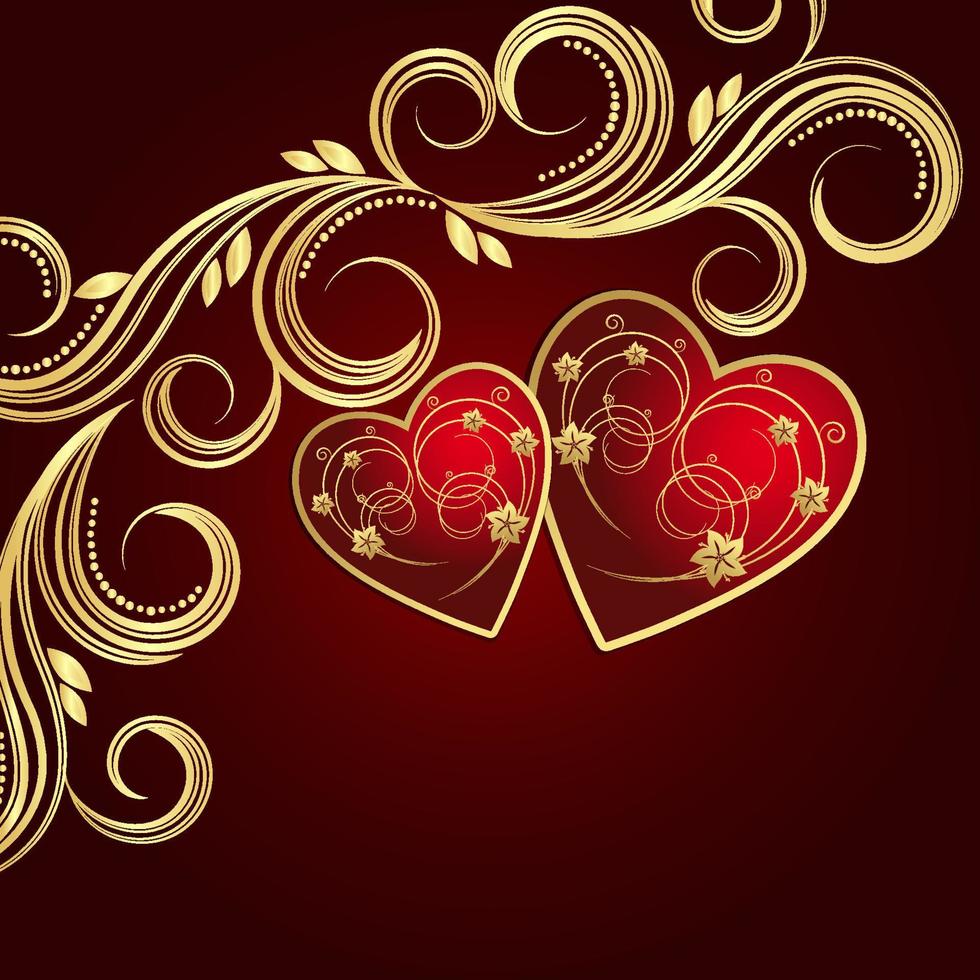 fundo vermelho de dia dos namorados com corações e redemoinhos florais dourados. vetor