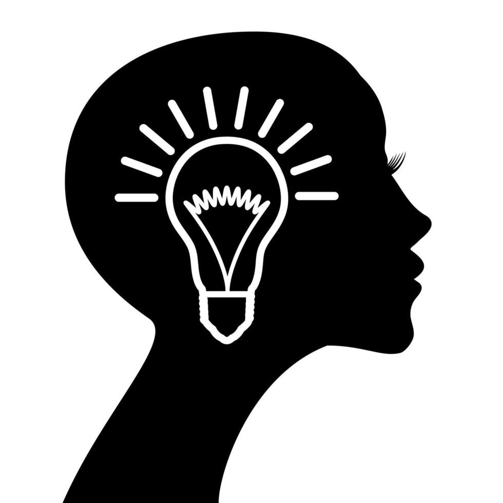 lâmpada no perfil da cabeça de uma pessoa bonita. conceito para brainstorming, ideias, eureka vetor