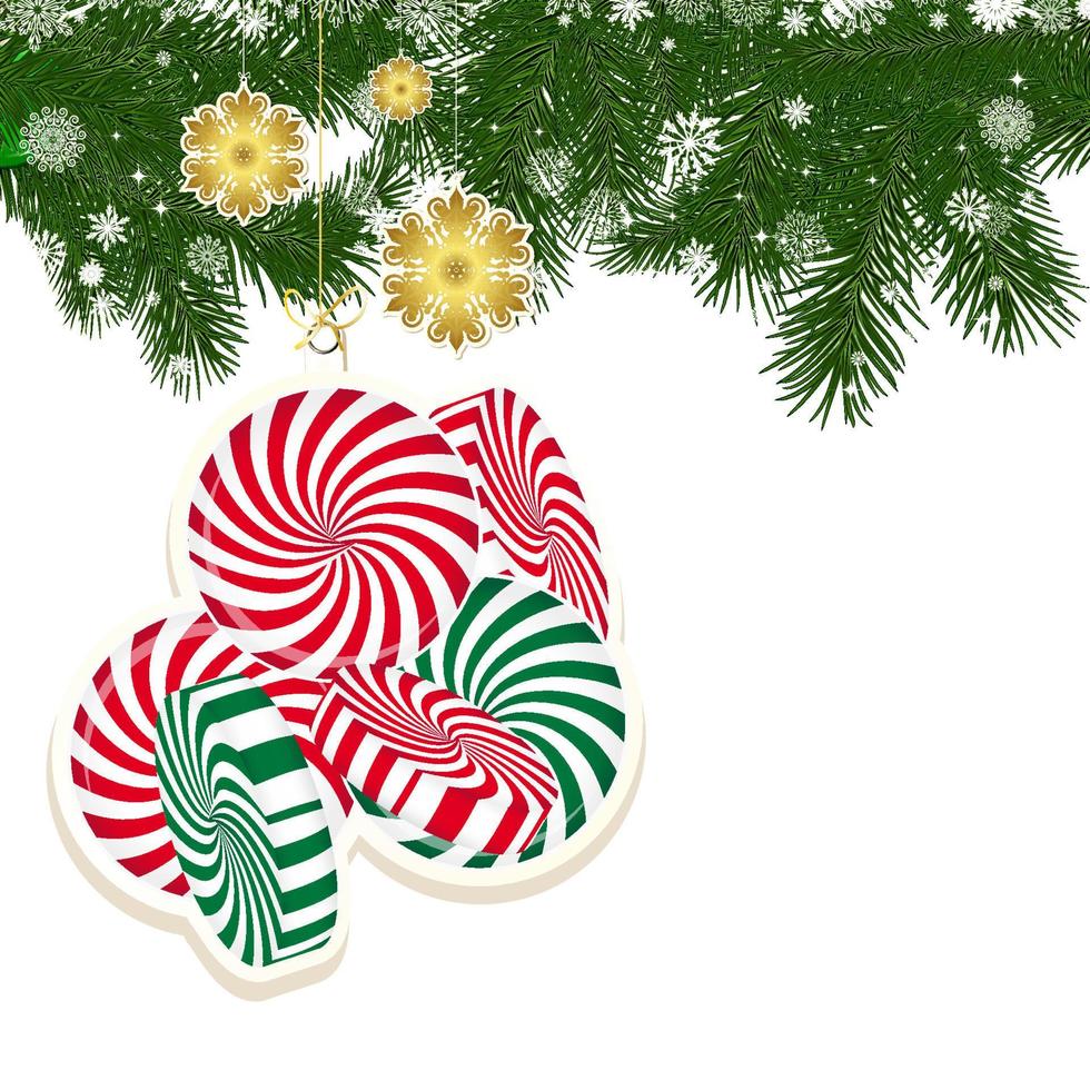 fundo de natal com decoração de natal e galhos verdes da árvore de natal. vetor