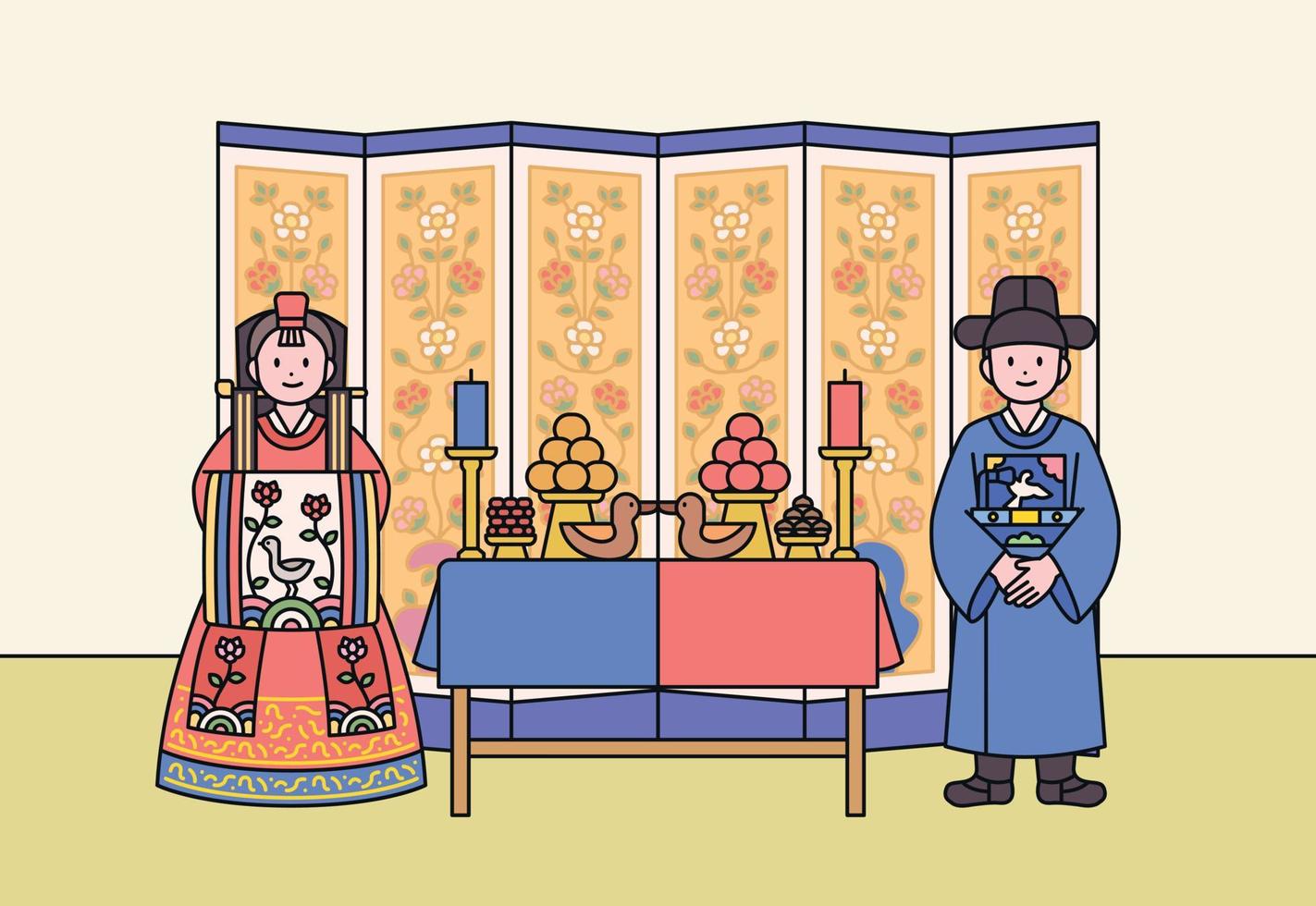 casamento tradicional coreano. personagens de noivo e noiva em traje de casamento. há uma mesa de comida no meio deles e um biombo ao fundo. vetor