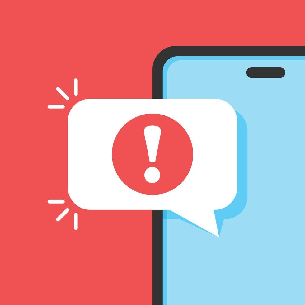 ícone de notificações do telefone em estilo simples. smartphone com ilustração vetorial de ponto de exclamação em fundo isolado. conceito de negócio de sinal de mensagem de spam. vetor