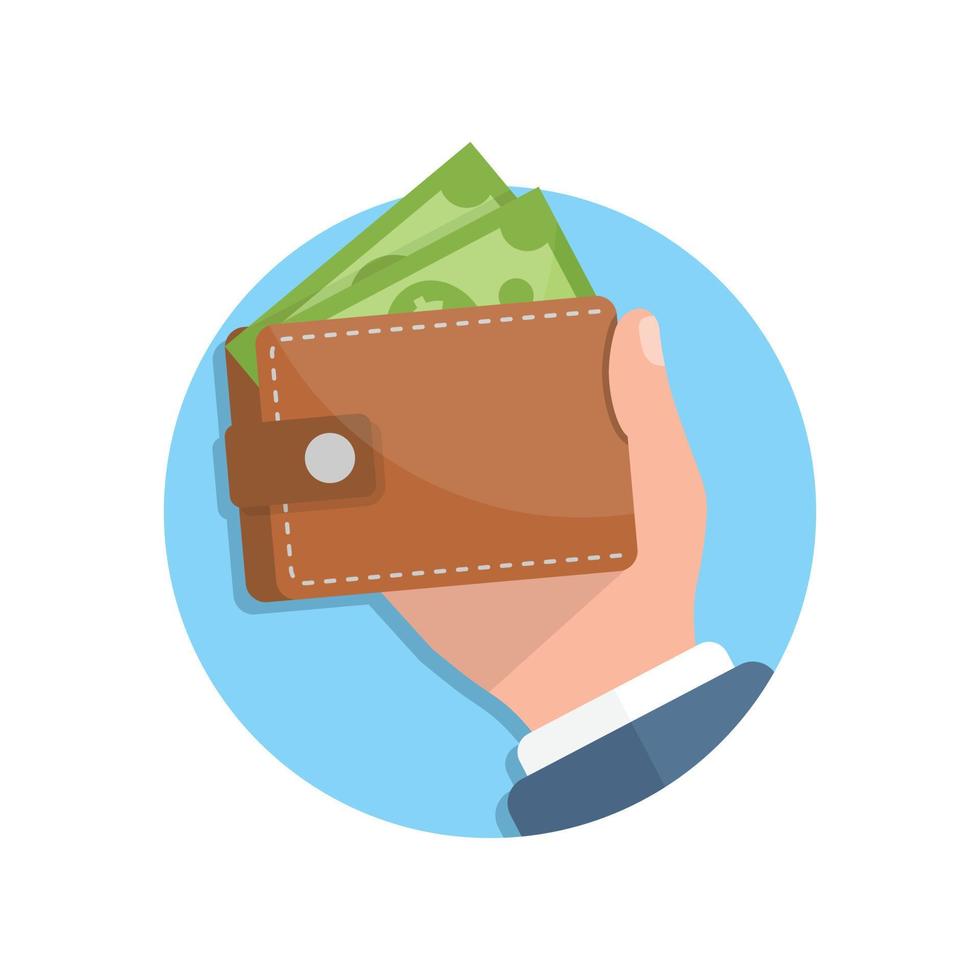 carteira com dinheiro na mão ilustração em estilo simples. ilustração em vetor pagamento on-line em fundo isolado. dinheiro e bolsa assinam o conceito de negócio.