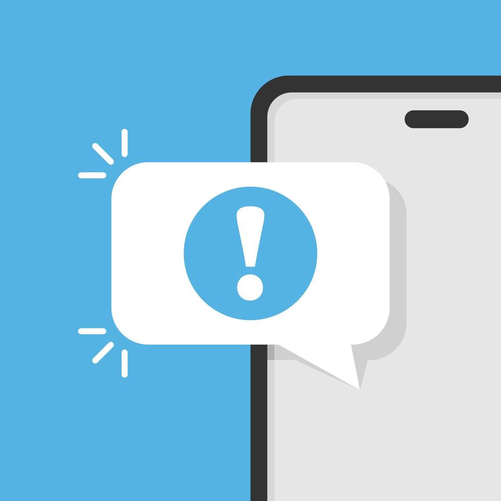 ícone de notificações do telefone em estilo simples. smartphone com ilustração vetorial de ponto de exclamação em fundo isolado. conceito de negócio de sinal de mensagem de spam. vetor