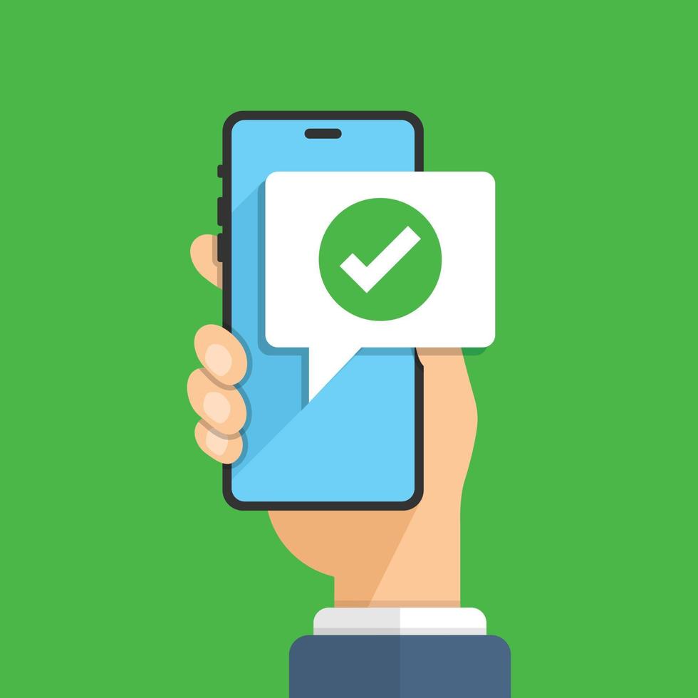ícone de notificações do telefone em estilo simples. smartphone com marca de seleção na mão ilustração vetorial no fundo isolado. conceito de negócio de sinal de mensagem aprovado. vetor