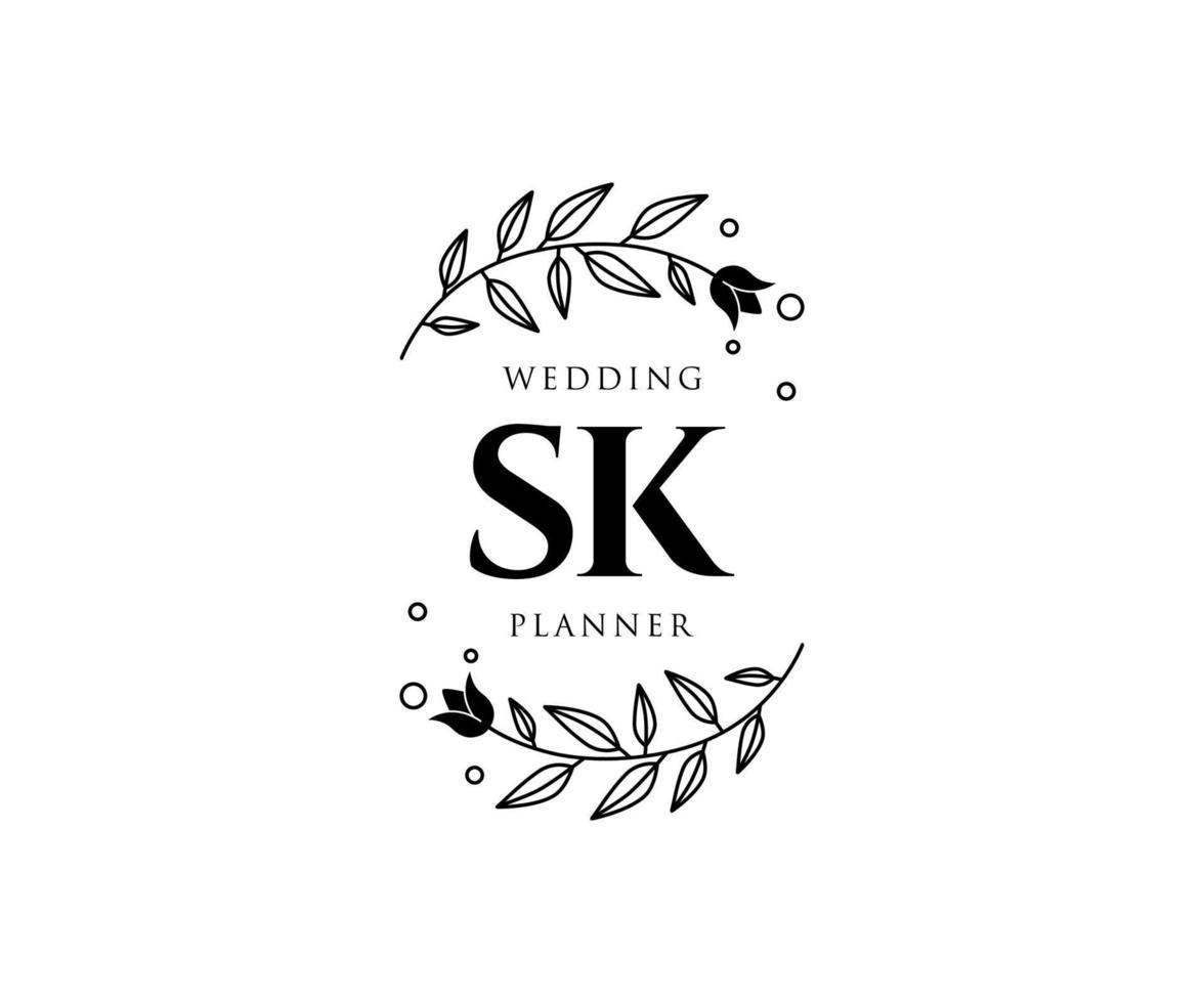 coleção de logotipos de monograma de casamento de carta inicial sk, modelos modernos minimalistas e florais desenhados à mão para cartões de convite, salve a data, identidade elegante para restaurante, boutique, café em vetor