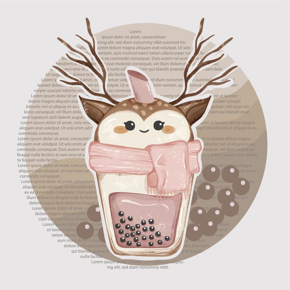 bebê fofo veado boba milktea usando cachecol para ilustração de clipart em aquarela de tema de inverno vetor