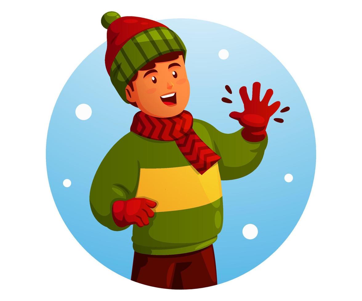 menino com gesto de saudação e vestindo uma jaqueta no inverno vetor
