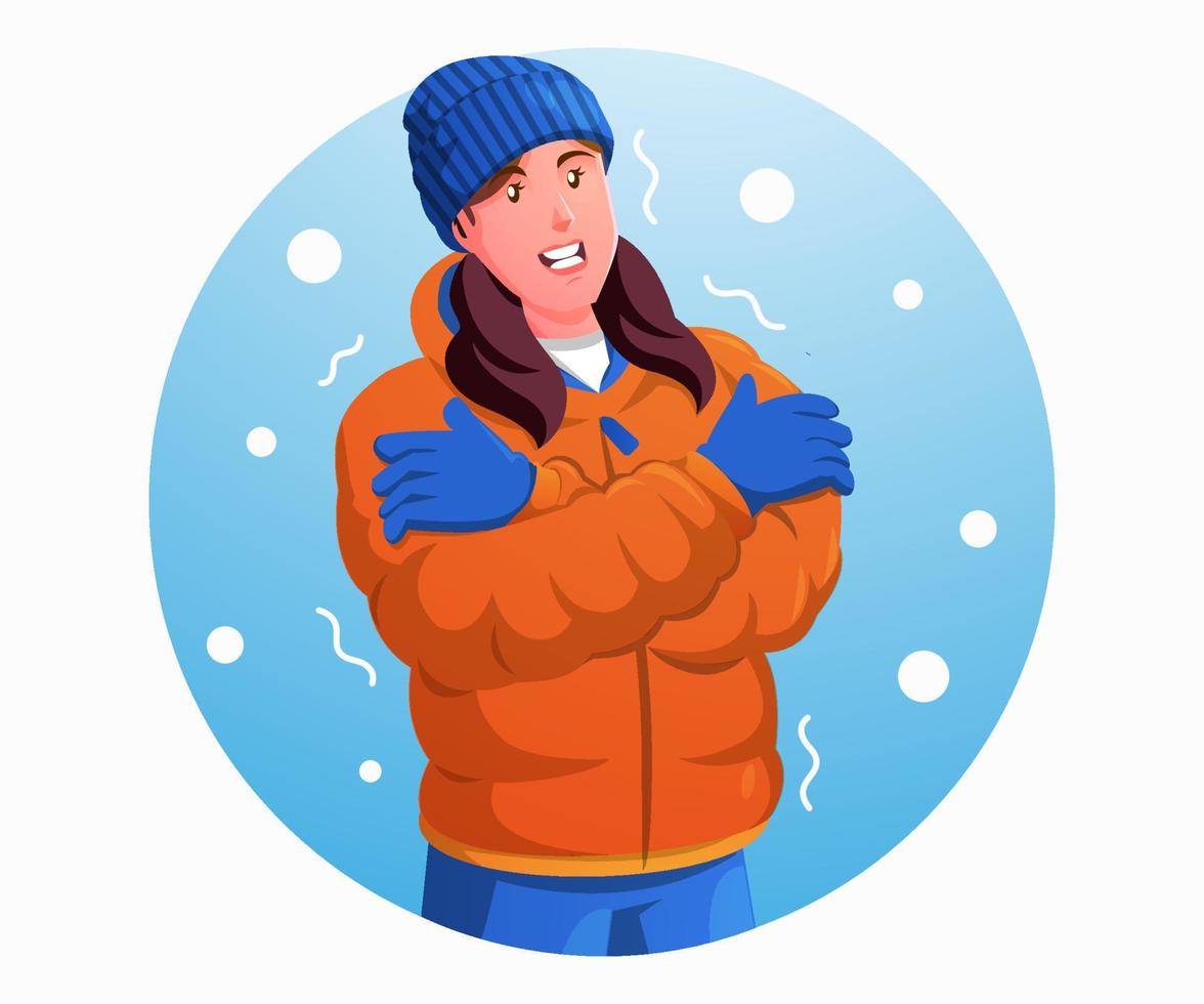 uma mulher sentindo frio e vestindo uma jaqueta no inverno vetor