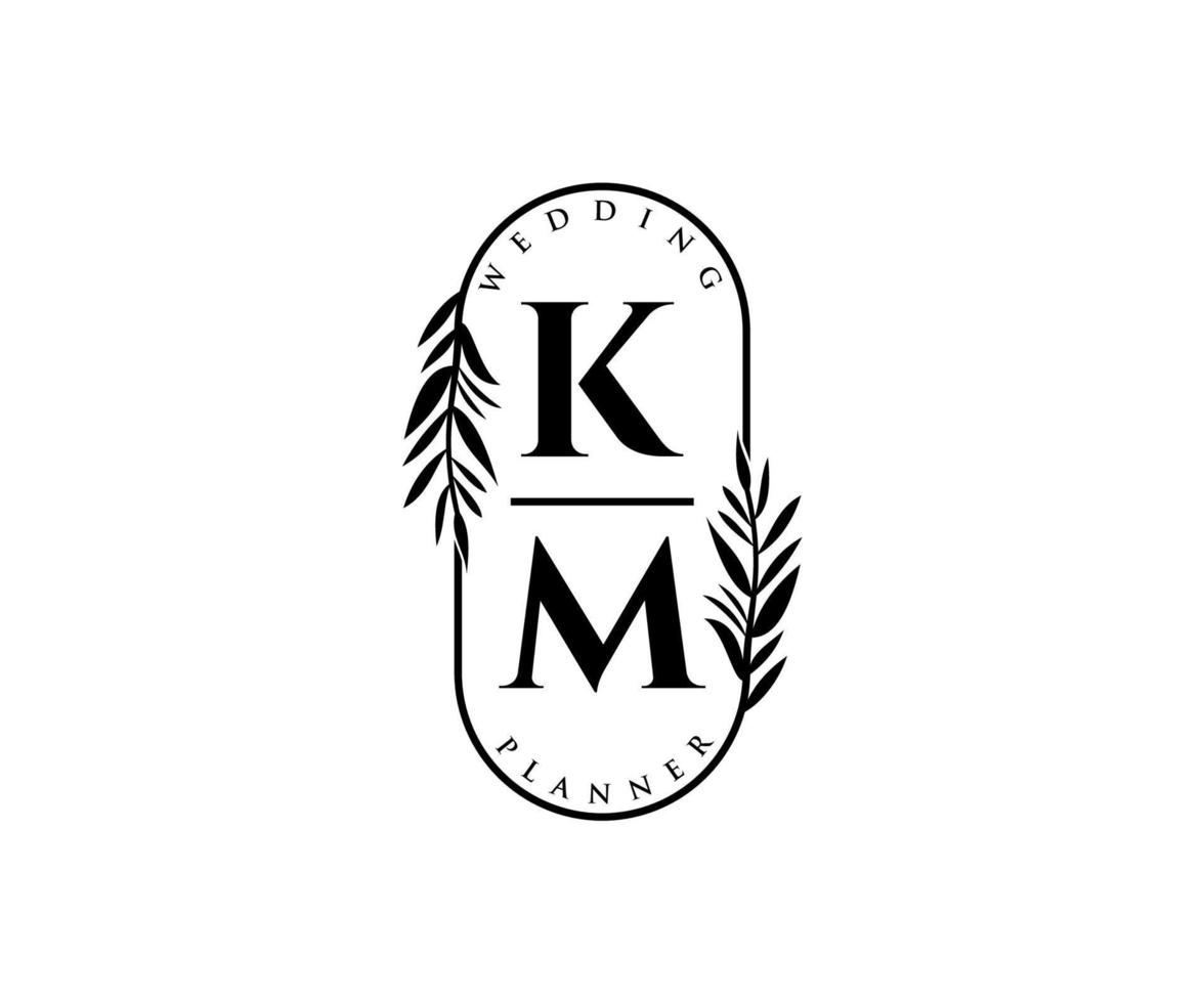 coleção de logotipos de monograma de casamento de letra inicial de km, modelos modernos minimalistas e florais desenhados à mão para cartões de convite, salve a data, identidade elegante para restaurante, boutique, café em vetor