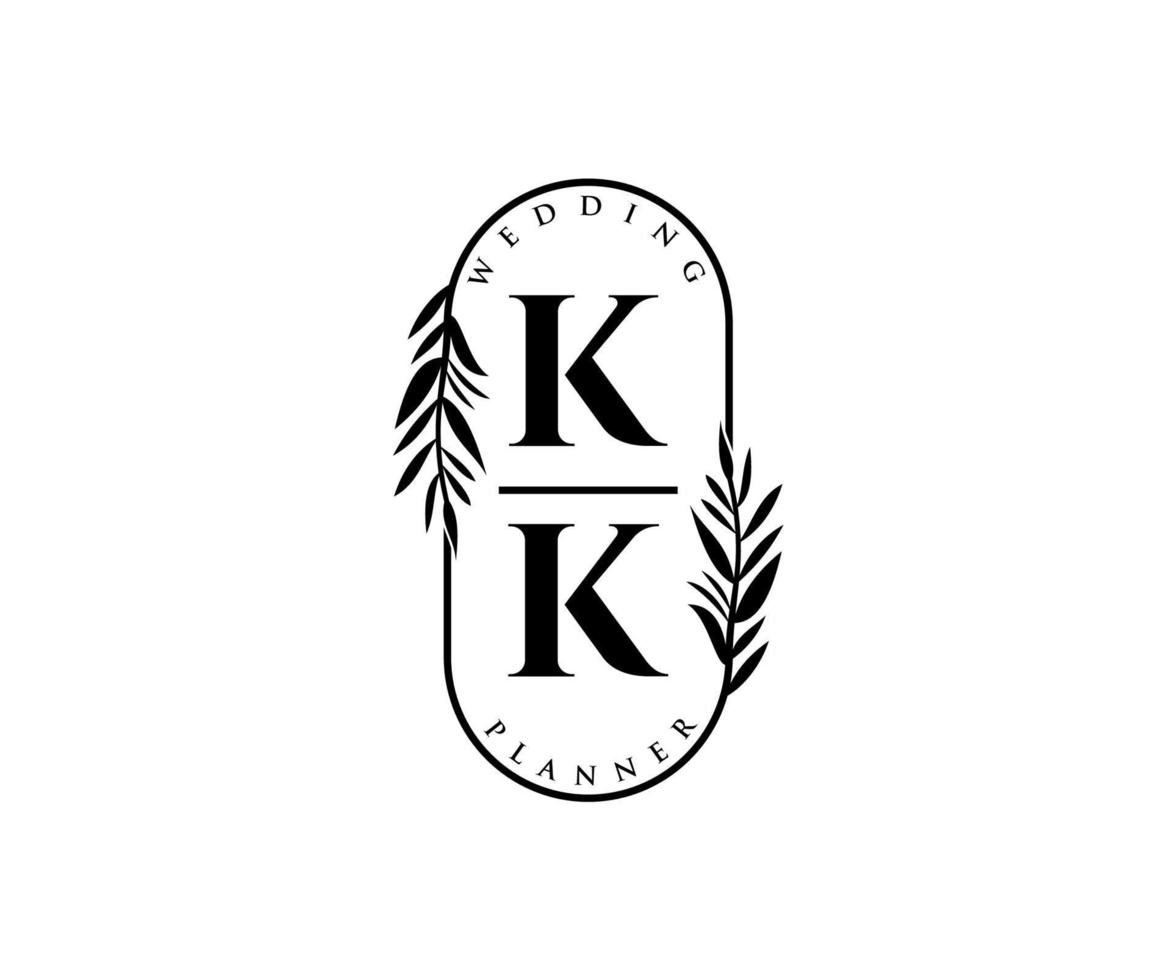 coleção de logotipos de monograma de casamento de letras iniciais kk, modelos modernos minimalistas e florais desenhados à mão para cartões de convite, salve a data, identidade elegante para restaurante, boutique, café em vetor