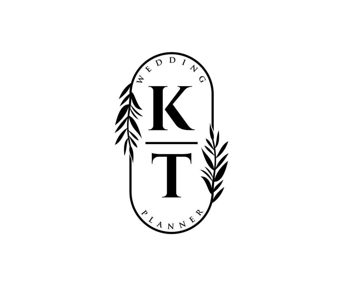 coleção de logotipos de monograma de casamento de carta inicial kt, modelos minimalistas e florais modernos desenhados à mão para cartões de convite, salve a data, identidade elegante para restaurante, boutique, café em vetor