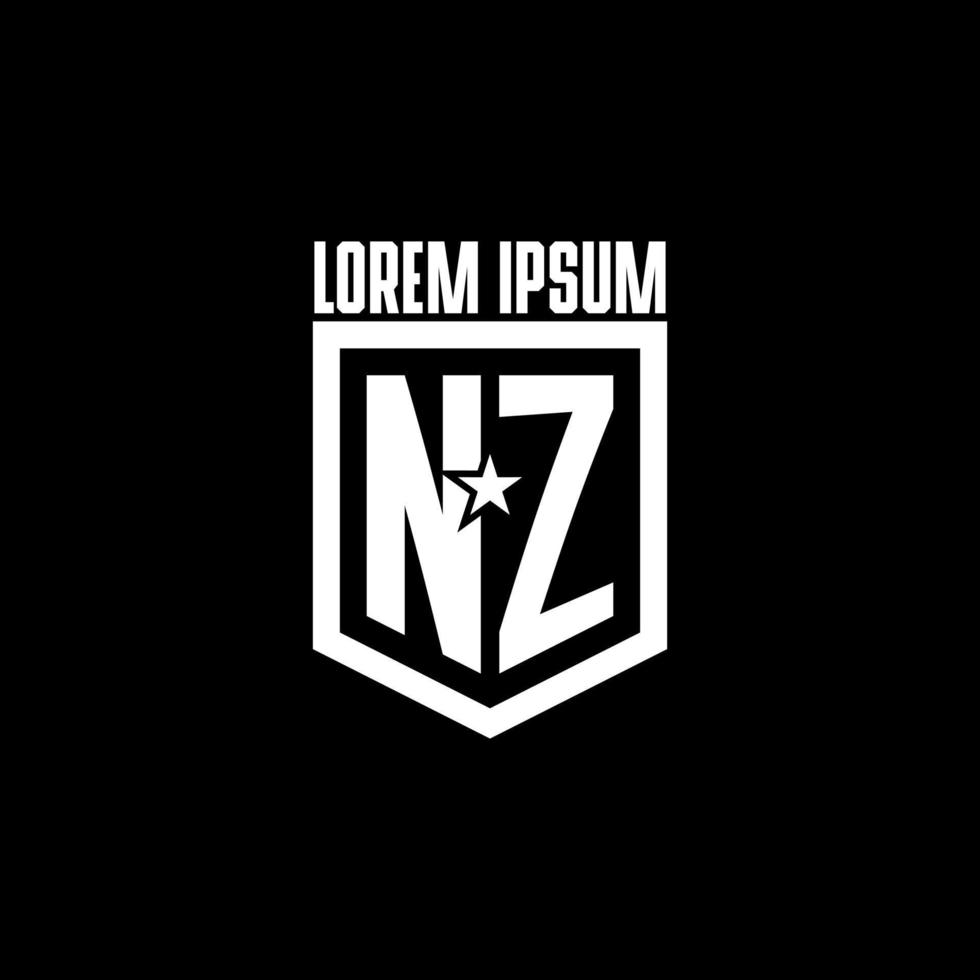 logotipo de jogo inicial nz com escudo e design de estilo estrela vetor