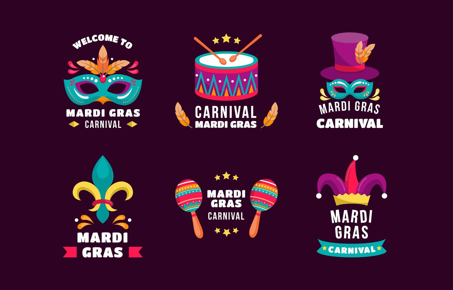 máscaras chapéus tambores maracas para celebrar o mardi gras vetor