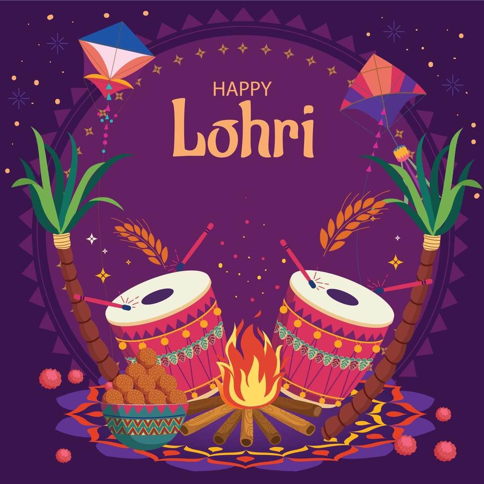 lohri feliz com cor roxa e laranja vetor