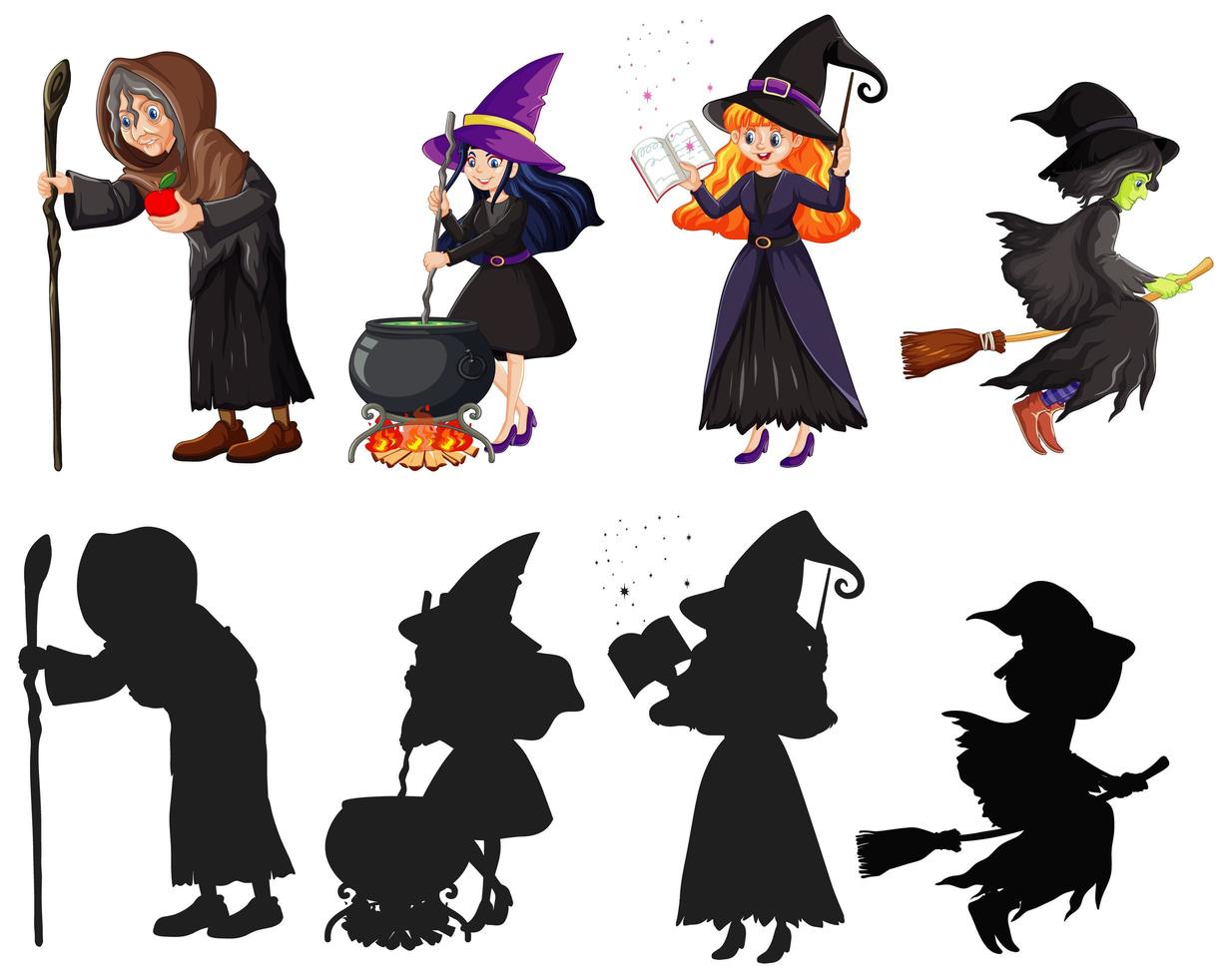feiticeiro ou bruxas em cor e silhueta de personagem de desenho animado isolado no fundo branco vetor