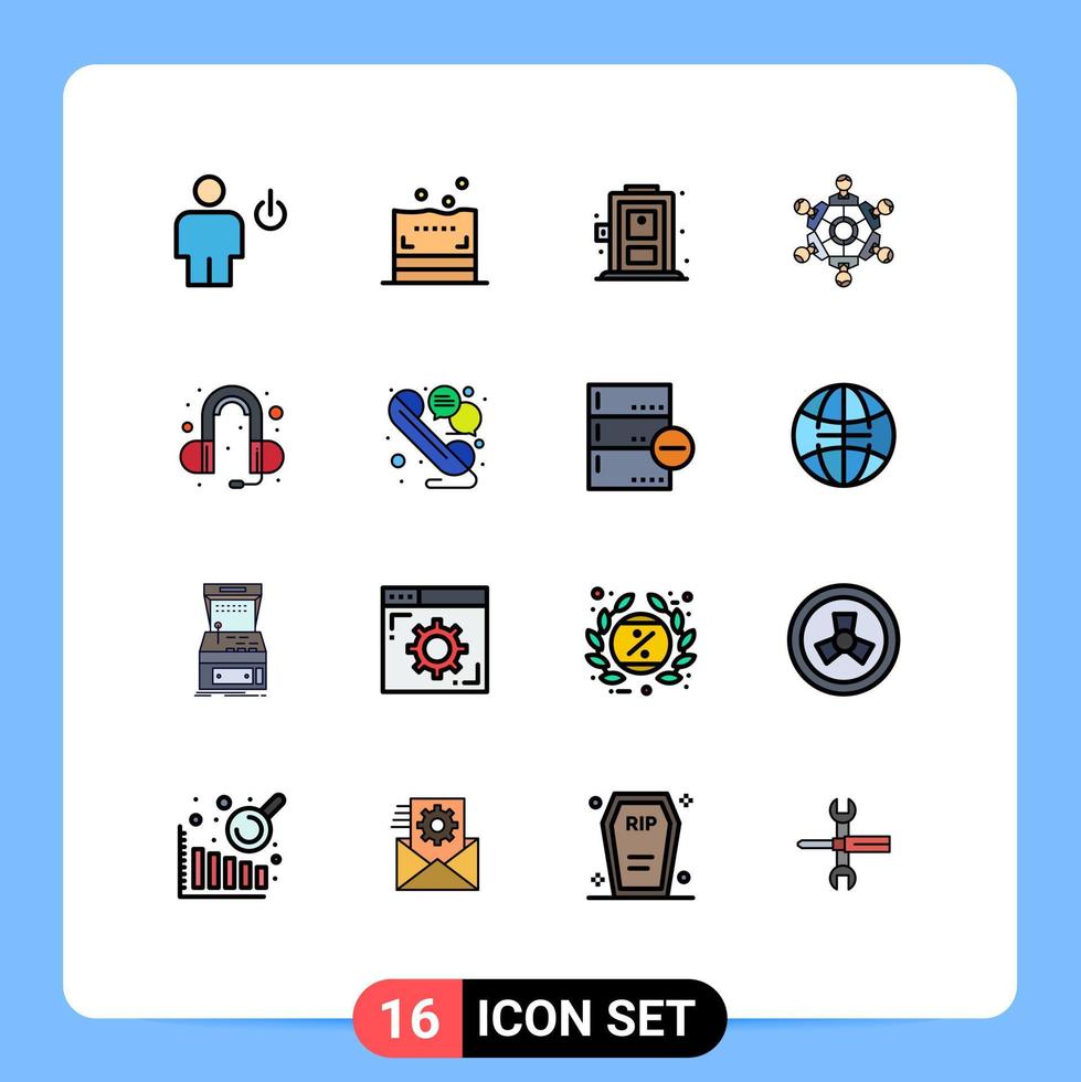16 símbolos de sinais de linha preenchidos de cores planas universais de fone de ouvido jogando jogos em casa amigos elementos de design de vetores criativos editáveis