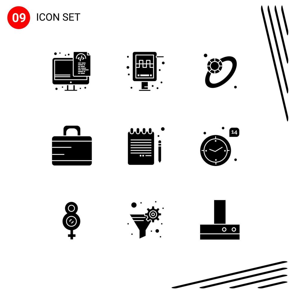 conjunto moderno de 9 pictogramas sólidos de glifos de caderno, lápis, diamante, de volta à pasta escolar, elementos de design de vetores editáveis