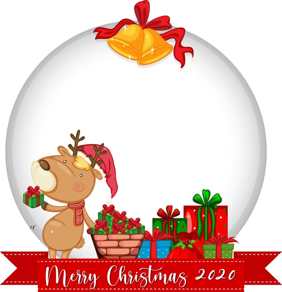 banner de círculo em branco com logotipo da fonte Feliz Natal 2020 e rena fofa vetor