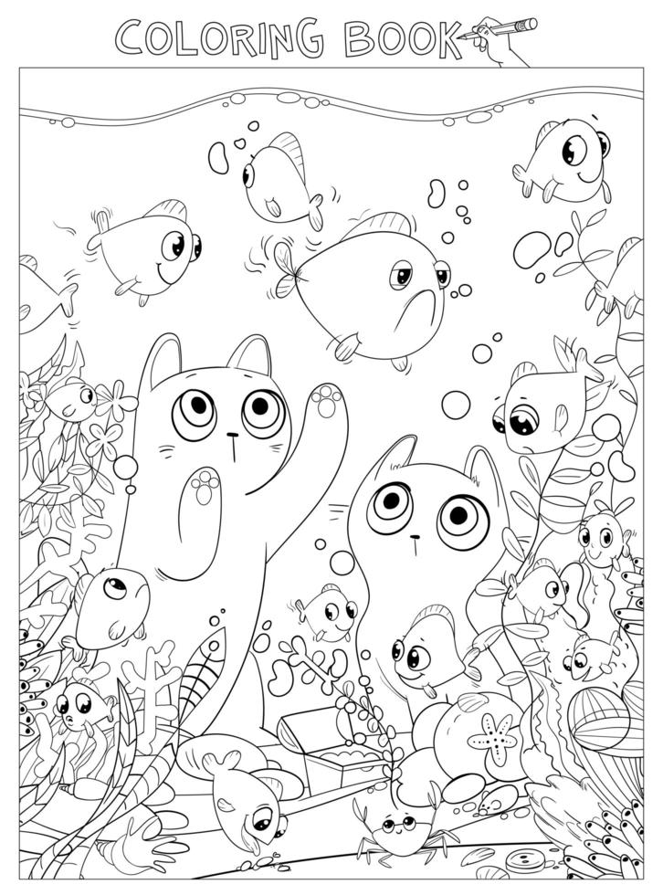 dois gatos olham para peixes de aquário. livro de colorir vetor