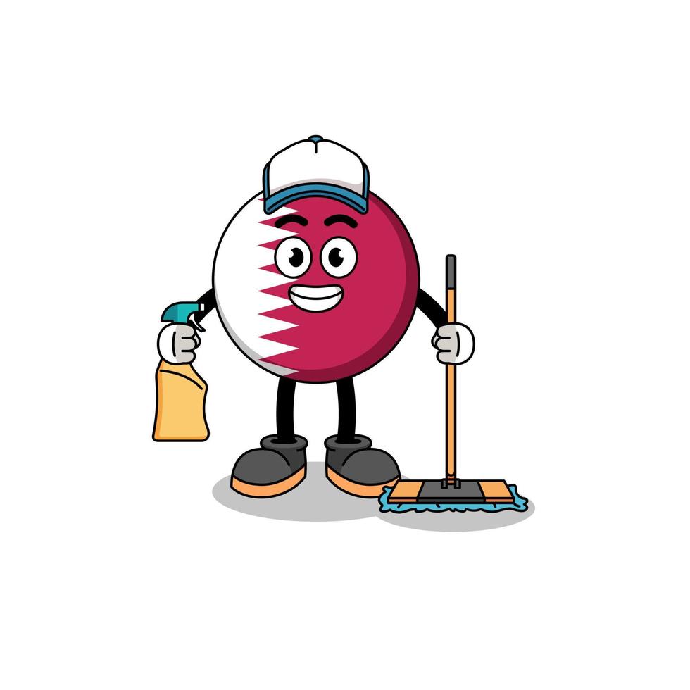 mascote de personagem da bandeira do qatar como serviços de limpeza vetor