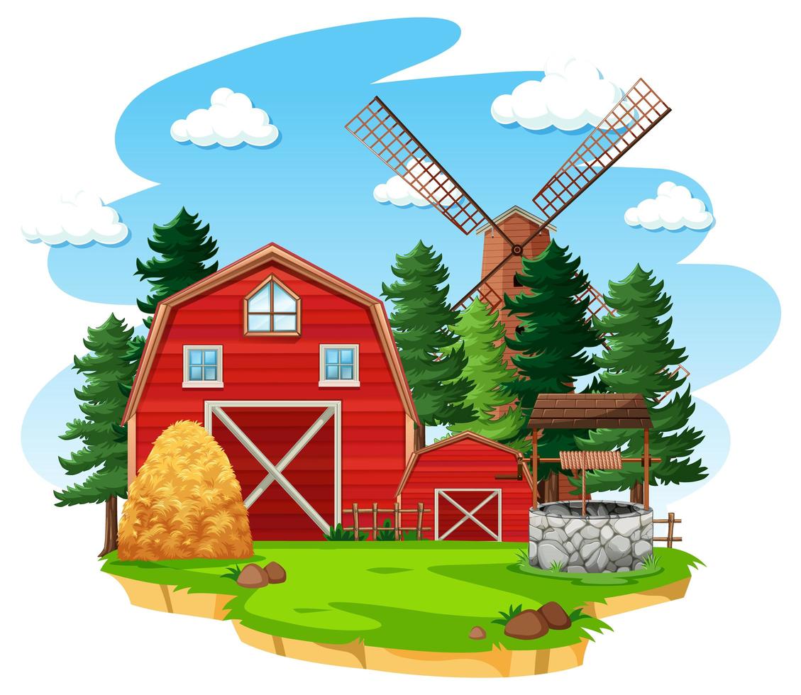 fazenda com celeiro vermelho e moinho de vento em fundo branco vetor