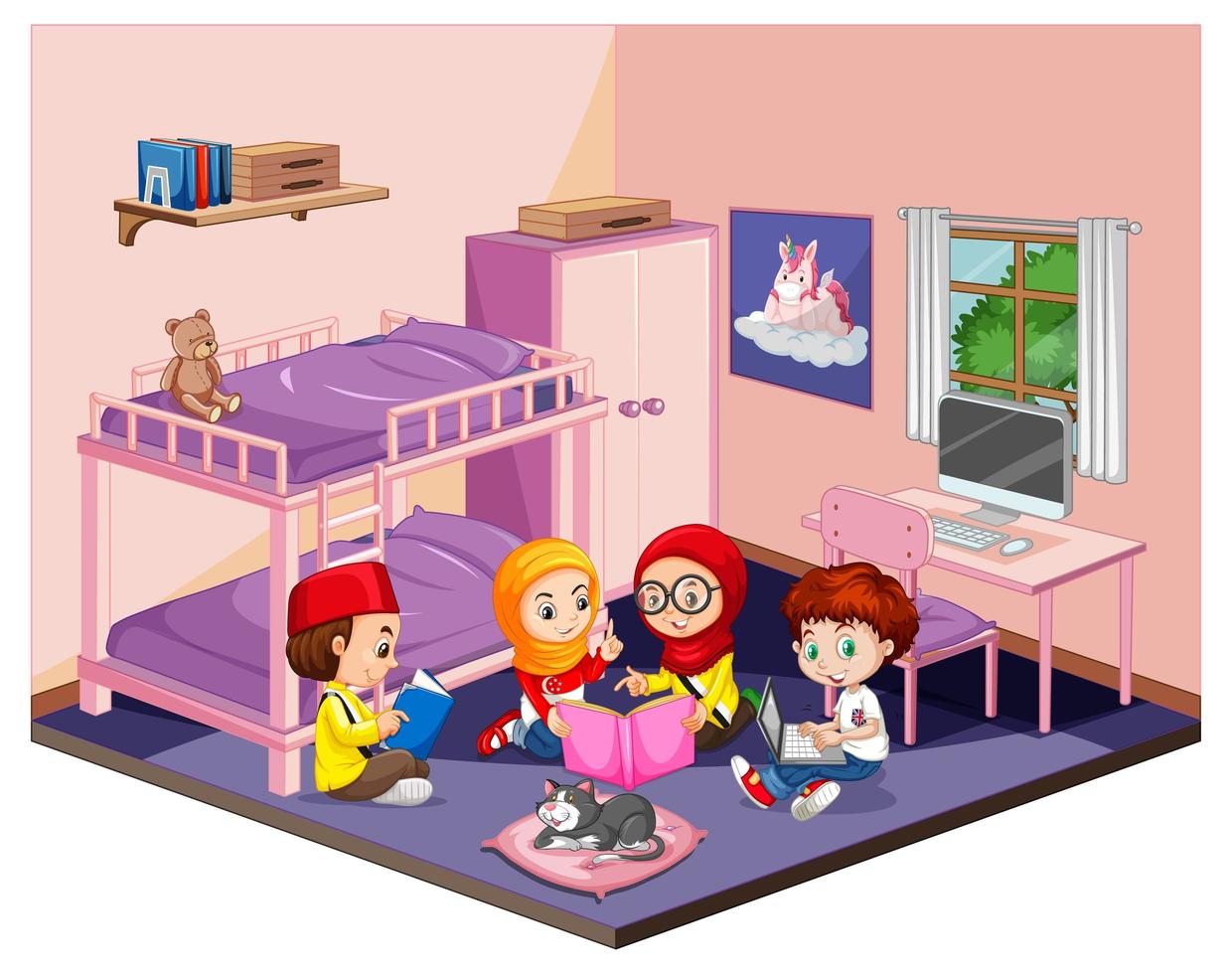 crianças no quarto em cena tema rosa em fundo branco vetor