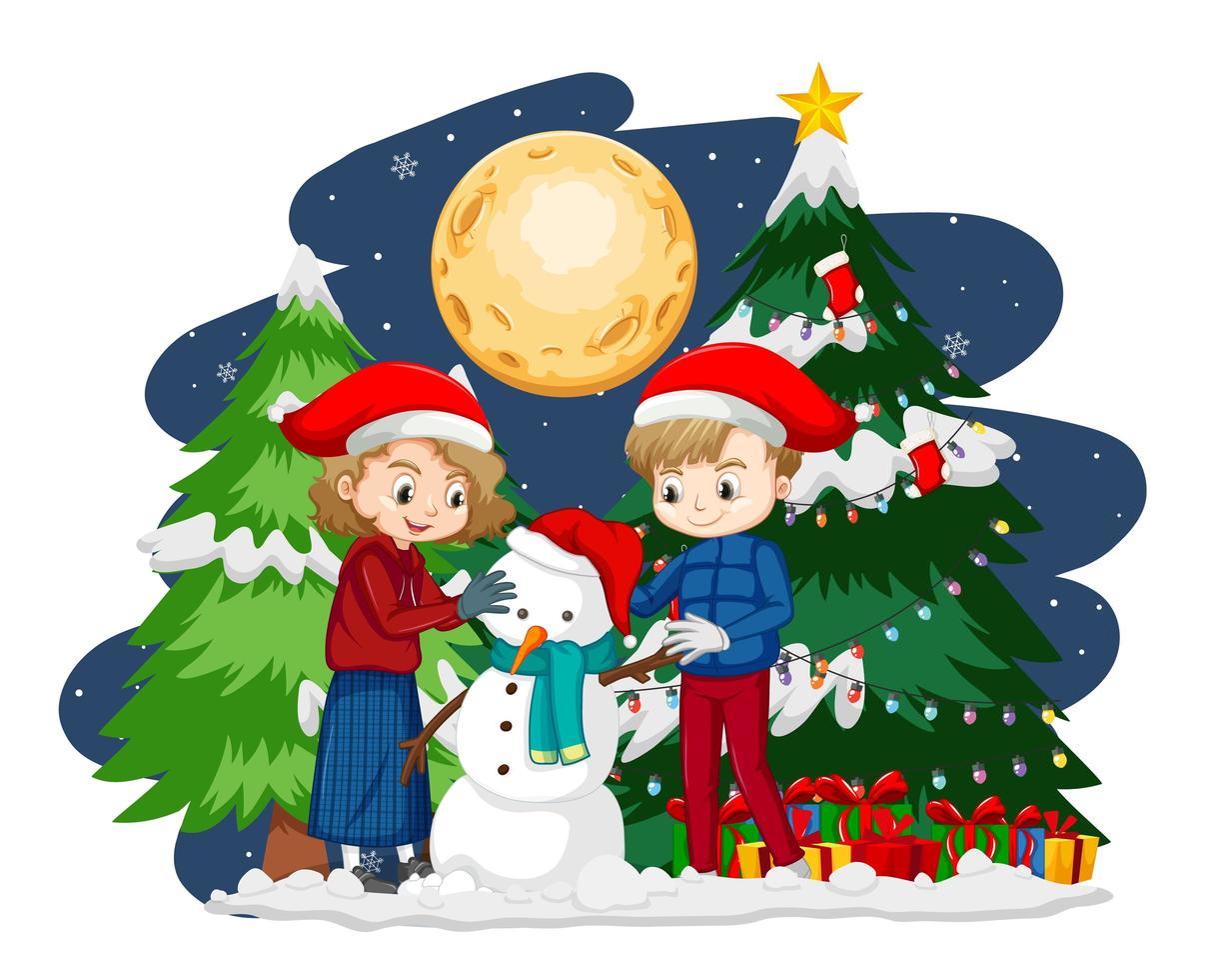 duas crianças criando um boneco de neve com tema de natal à noite vetor