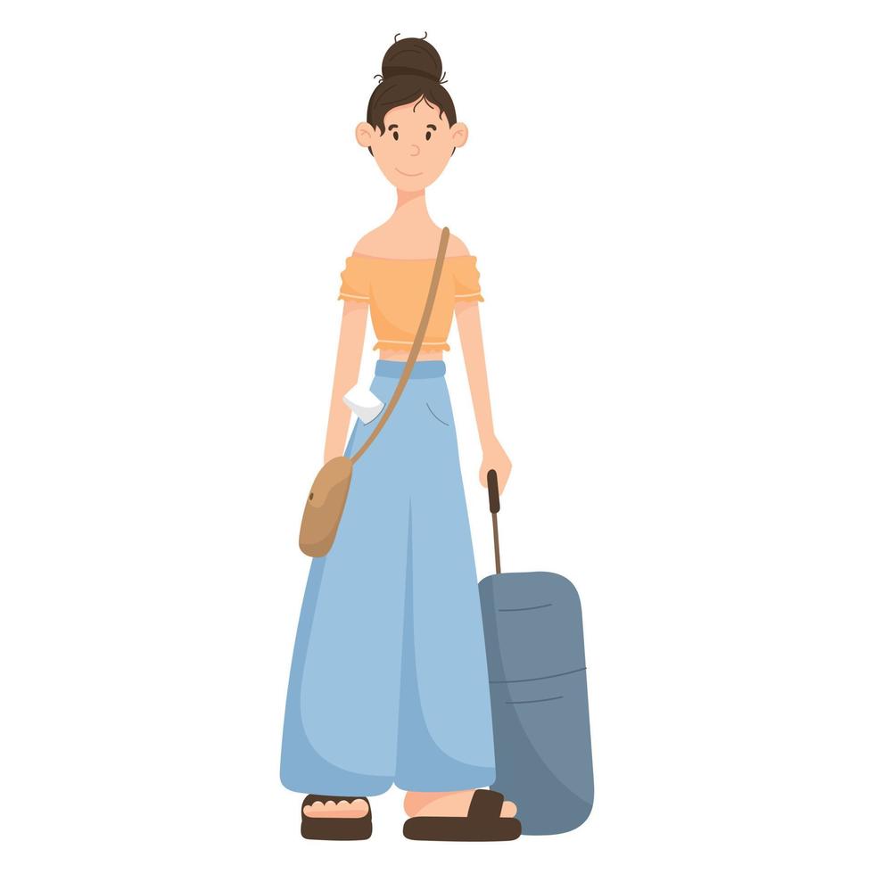 ilustração plana isolada em vetor de uma mulher viajando com uma mala e uma bolsa no ombro.