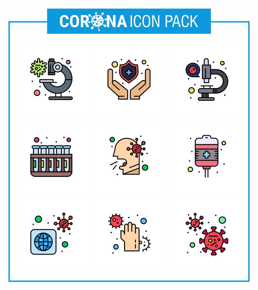 ícone de dicas de precaução de coronavírus para apresentação de diretrizes de saúde 9 pacote de ícones de cores planas, como teste de laboratório de laboratório de tosse de homem vírus viral 2019nov elementos de design de vetor de doença